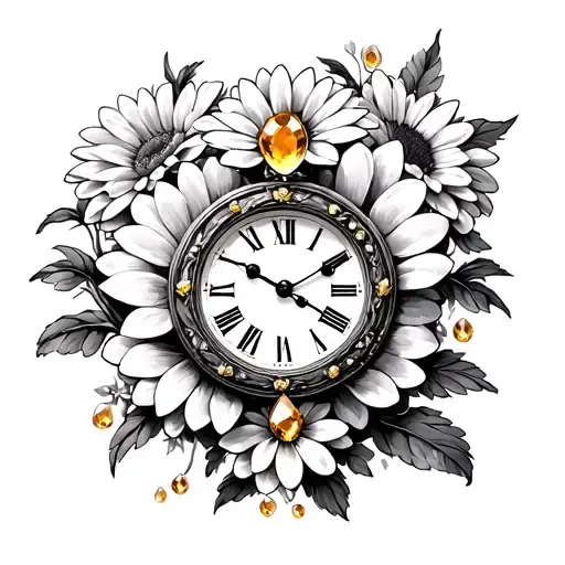 Roman clock 9:01 PM with chrysanthemum flowers and citrine birthstones tattoo design idea