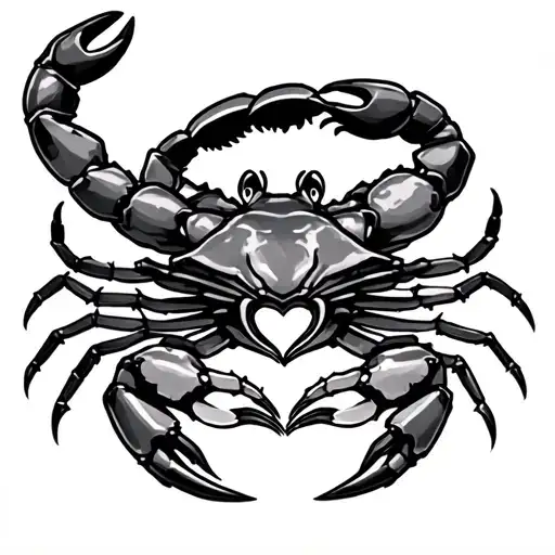 Create a forearm tattoo with a scorpion on top and a crab on the bottom, touching at the claws to form a heart. Inside t tattoo design idea