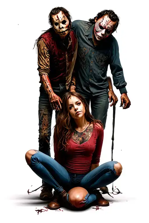 full body of freddy krueger, full body of jason vorhees, full body of michael myers each standing around a girl kneeling tattoo design idea