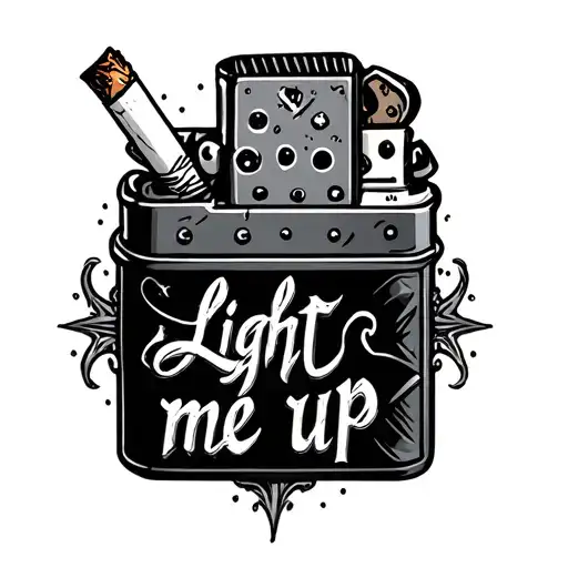 lighter and cigarette in gothic-ish style, small with "light me up" in gothic font tattoo design idea