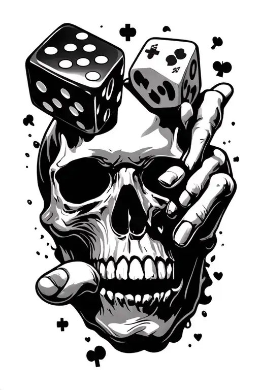 risk taker with gambling symbols like dice coming into the a skull hand tattoo pinky,pointer, middle finger  tattoo design idea