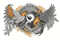 Two phoenixes facing each other with half of the Yin Yang symbol in each, and seven chakras aligned from chest to throat tattoo design idea