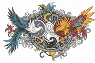 Two phoenixes facing each other with half of the Yin Yang symbol in each, and seven chakras aligned from chest to throat tattoo design idea
