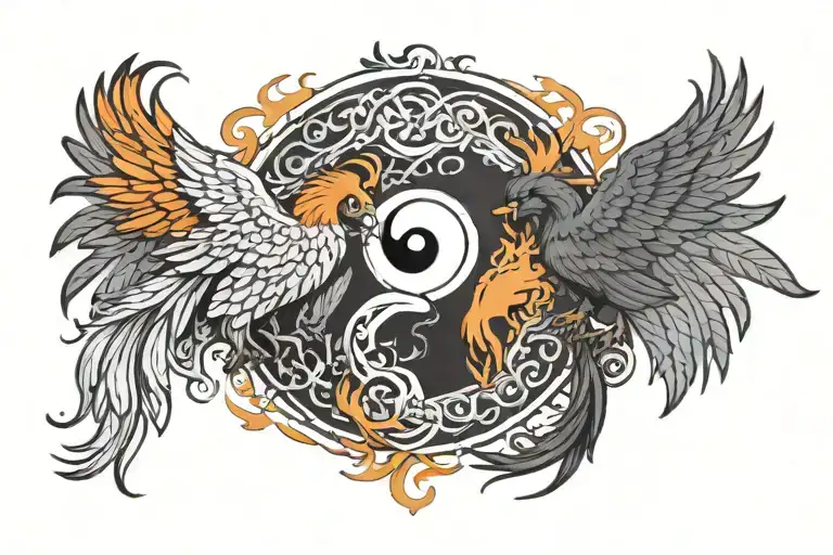 Two phoenixes facing each other with half of the Yin Yang symbol in each, and seven chakras aligned from chest to throat tattoo design idea