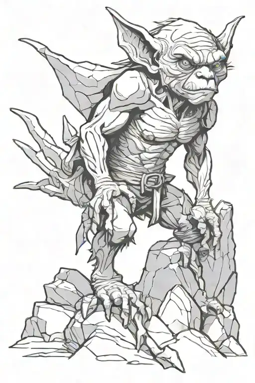 a goblin drawn in pencil. in a heroic fantasy style. you have to see a goblin standing on a rock. digital art.  tattoo design idea