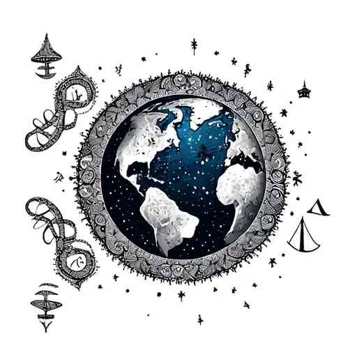 Planet Earth with zodiac sign Aquarius and Libra combined and framed with the style of a mandala tattoo design idea