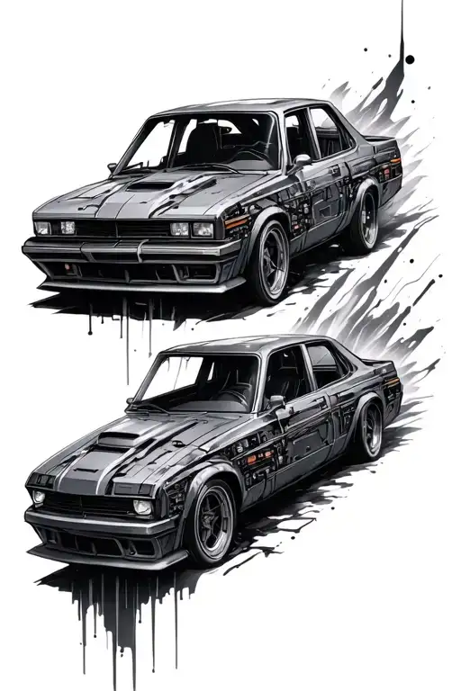 Sleeve computer circuitry and cars drifting tattoo design idea