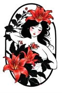 flowers (red lily spider) and a women body hurted  tattoo design idea