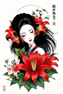 flowers (red lily spider) and a women body hurted  tattoo design idea