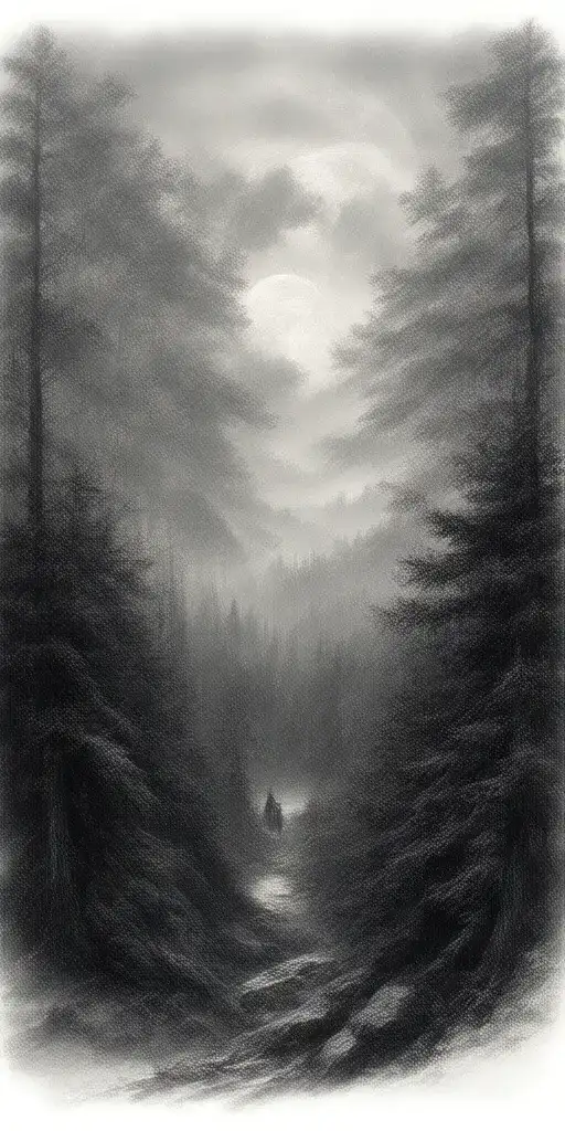 massive forest landscape with huge moon in the background  tattoo design idea