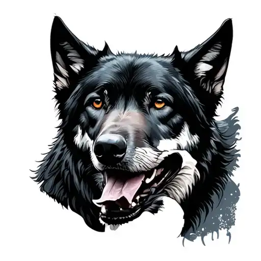 black dog protecting a wolf's  throat with  tattoo design idea