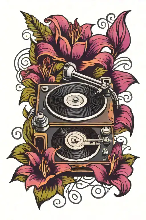 Vinyl player with a purple lilly flower surrounded tattoo design idea