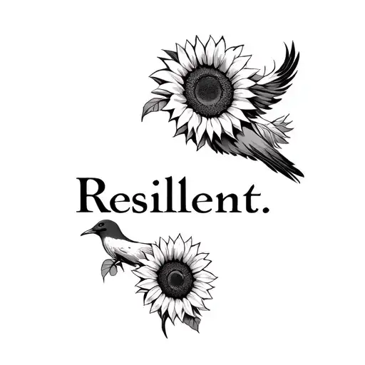"Resilient." pheonix bird and sunflower tattoo design idea