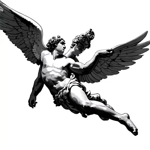 A black and grey thigh sleeve tattoo depicting Icarus falling from the sky add other Greek / Greek mythology details  tattoo design idea