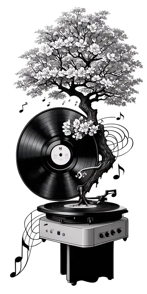a cherry blossom tree grown from a vinyl record player with musical notes swirling around the tree tattoo design idea