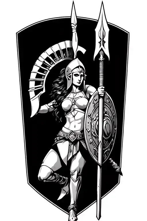 ares as a female spartan with spear and shield adorned tattoo design idea
