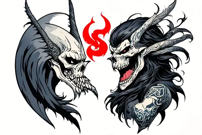 Struggle between good and evil, elements of D&D, dark gothic in tone tattoo design idea