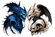 Struggle between good and evil, elements of D&D, dark gothic in tone tattoo design idea