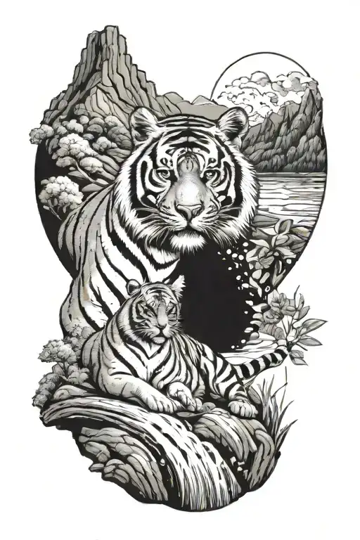 tiger and tiger cub against the backdrop of mountains and waterfalls. date 23.07.2022, yin yang symbol, sun and clouds tattoo design idea