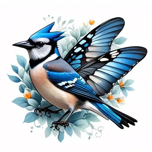 butterfly and blue jay bird flying tattoo design idea