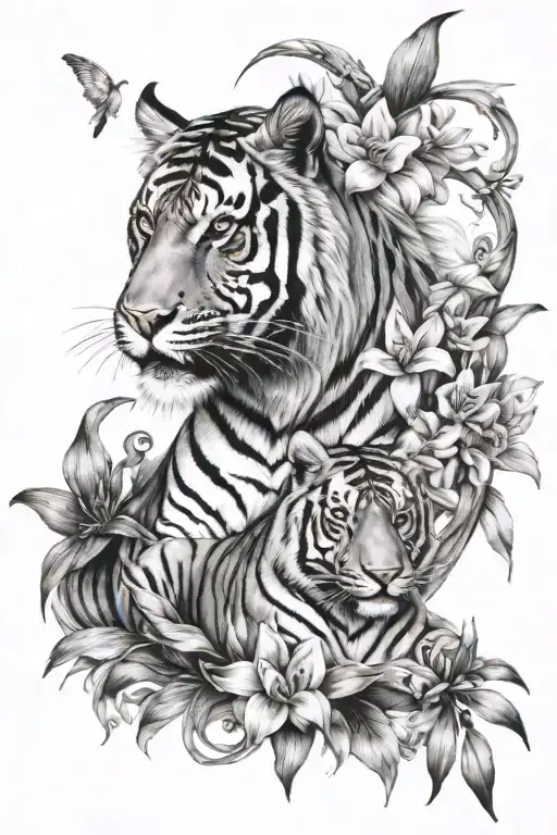 horse and tiger surrounded by lillys tattoo design idea
