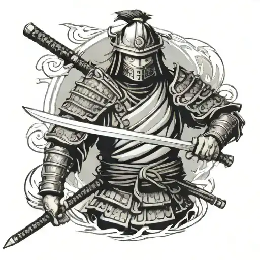 Create a realistic tattoo design featuring a fierce samurai warrior in traditional armor, poised with a katana drawn, re tattoo design idea