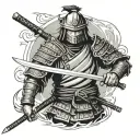 Create a realistic tattoo design featuring a fierce samurai warrior in traditional armor, poised with a katana drawn, re tattoo design idea