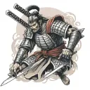 Create a realistic tattoo design featuring a fierce samurai warrior in traditional armor, poised with a katana drawn, re tattoo design idea