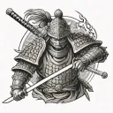 Create a realistic tattoo design featuring a fierce samurai warrior in traditional armor, poised with a katana drawn, re tattoo design idea