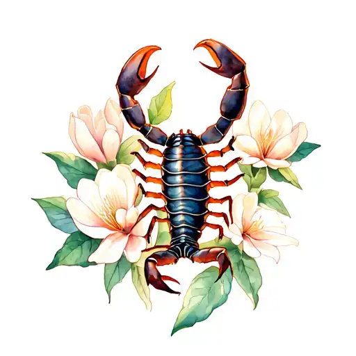 Scorpion fleur magnolia flower surrounded tattoo design idea
