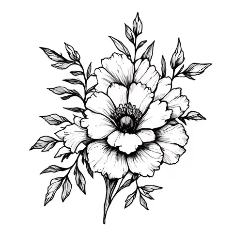 create a tattoo with the birth flowers of march, February, January, july, and december. tattoo design idea