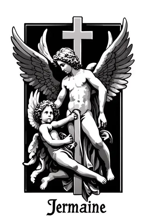 joshua name, jermaine name with cross and cherub angel tattoo design idea