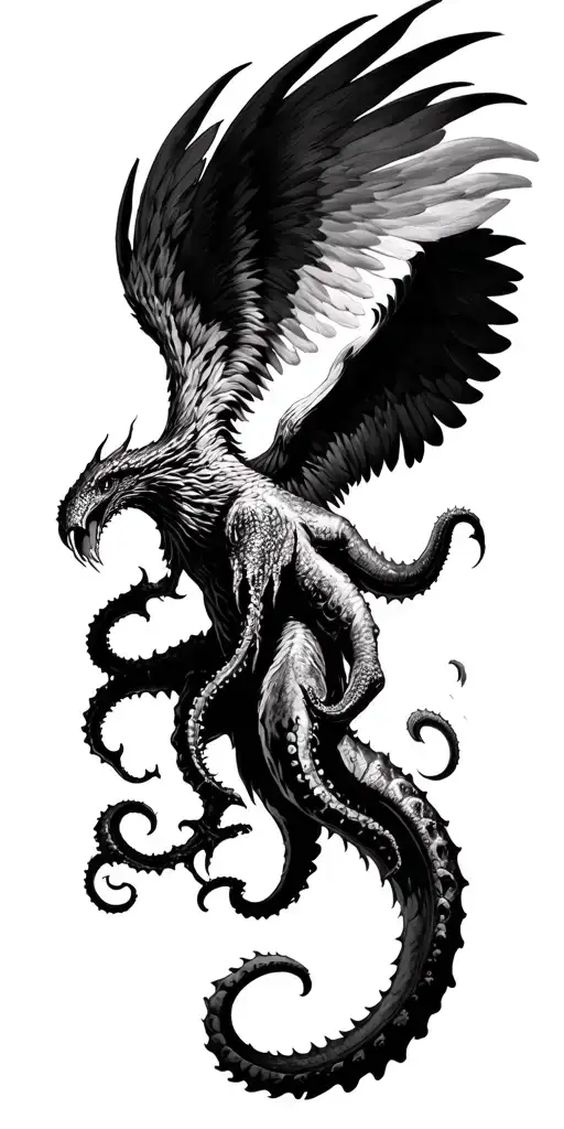 kraken monster eating phoenix rising from the ashes tattoo design idea