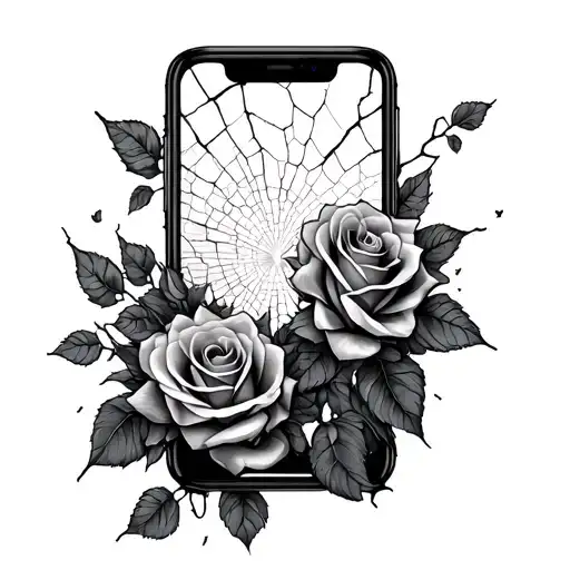 roses wrapped around a cracked phone screen  tattoo design idea