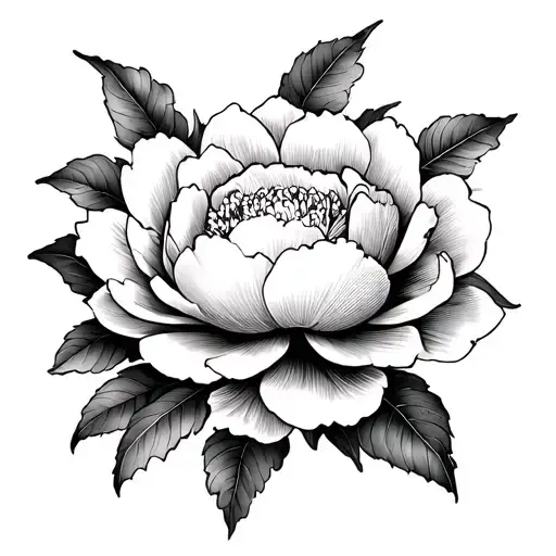 A highly detailed Japanese-style tattoo featuring a large, intricate peony (or cherry blossom) as the central element. A tattoo design idea