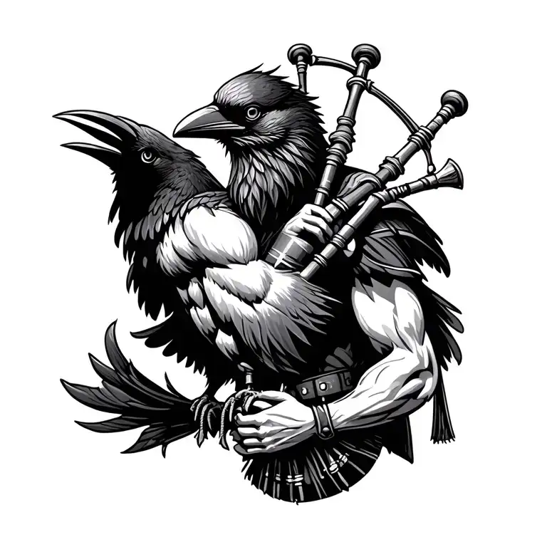 designs on wood carving crow muscular  bagpiper playing the bagpipes baldblack beard tattoo design idea