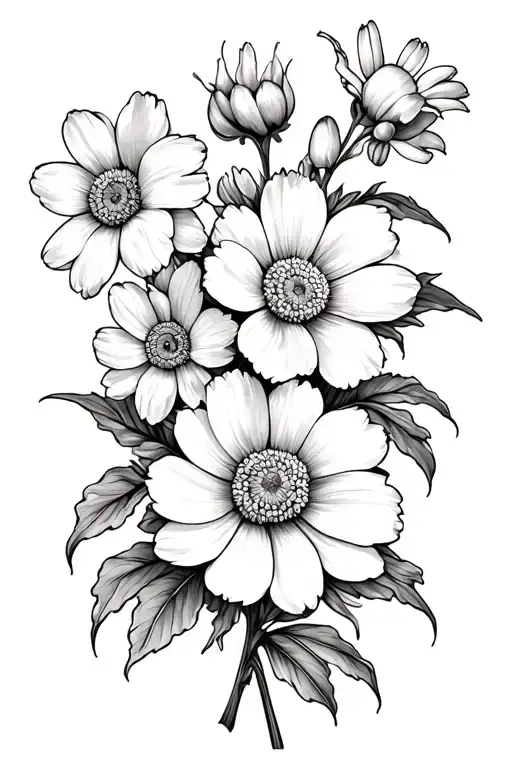 COUNTRY FARM PEONY,DAISY,DAFFODIL BLACK AND WHITE FLORAL BOUQUET tattoo design idea