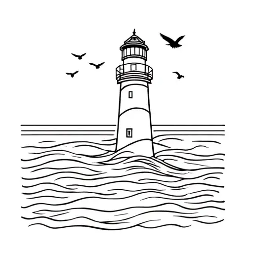 lighthouse, sun, sea and some birds flying away tattoo design idea