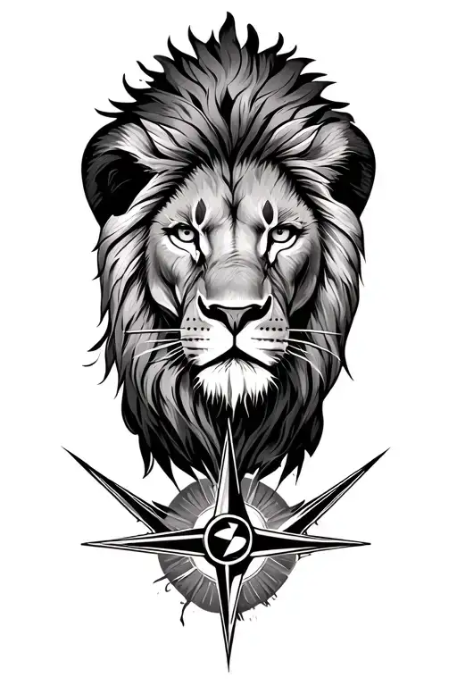 lion and African Warrior and compass surrounded tattoo design idea