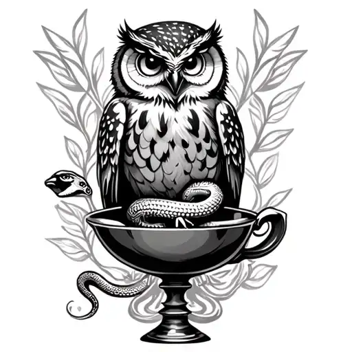 owl perched on cup of hygeia snake chalice tattoo design idea