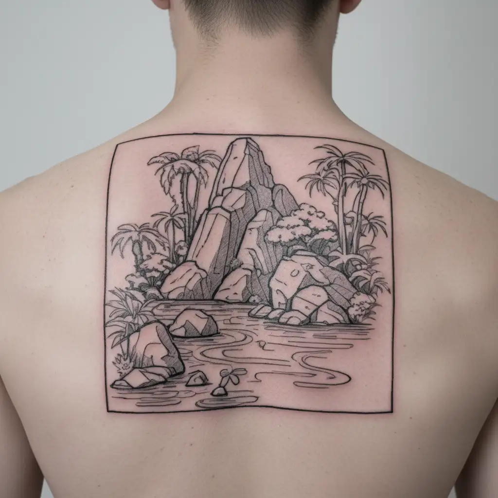 Peaceful scene of one main rock that you sit on nearby flowing water in a jungle tattoo design idea