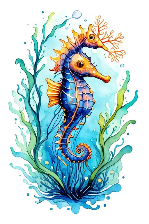 Aquatic and beachy with kelp, a tiny swimming seahorse, a jellyfish, and a coral reef tattoo design idea