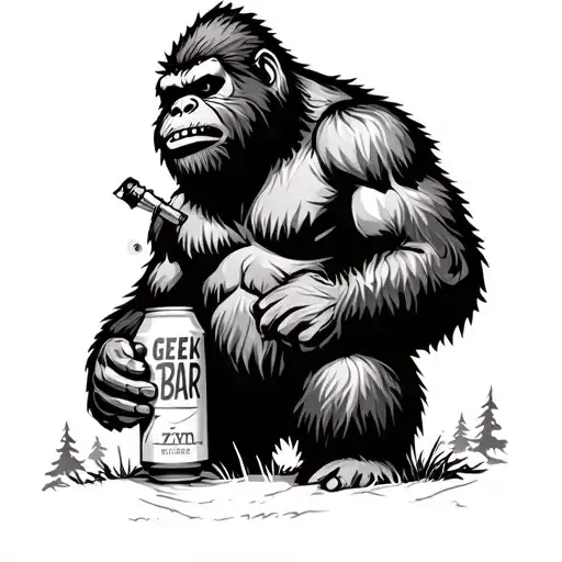Bigfoot in the woods holding a can of Zyns and smoking a Geek Bar vape tattoo design idea
