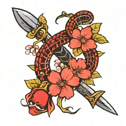 2 snakes (red and black) wrapped around a dagger with cherry blossom flowers around it tattoo design idea