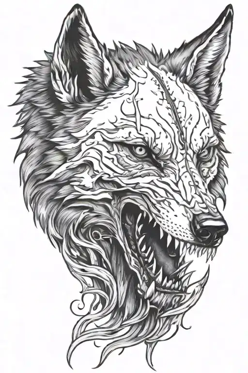 half wolf and half wolf skull with bleeding and tore flesh tattoo design idea