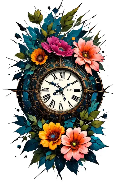 shattered clock face flowers symbolizing tattoo design idea