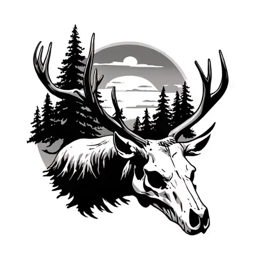 elk skull, pine trees, sunset, clock tattoo design idea