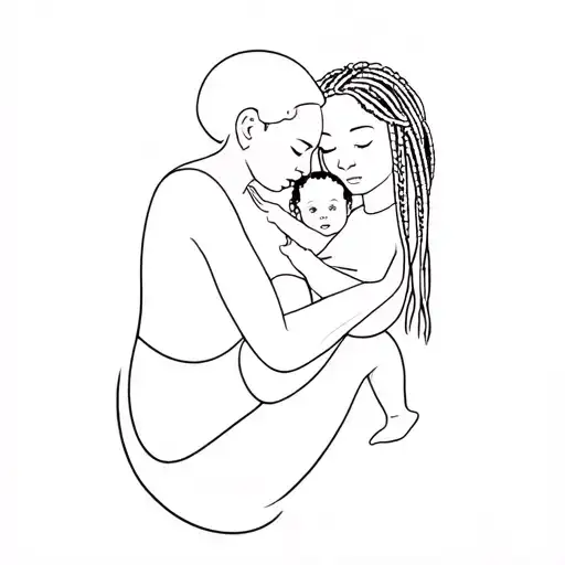Minimalist tattoo of a black mother with long braids cradling her son. The son has a curly Afro and is holding a rubber  tattoo design idea