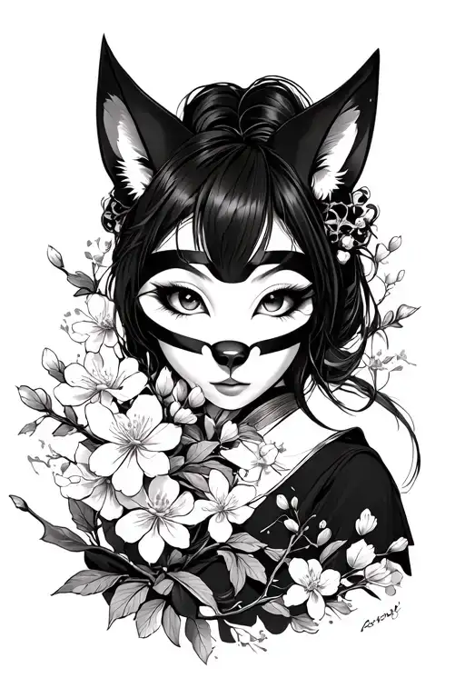 Generate a photo of a upper arm sleeve tattoo of a girl wearing a kitsune mask with cherry blossom flower infused tattoo design idea