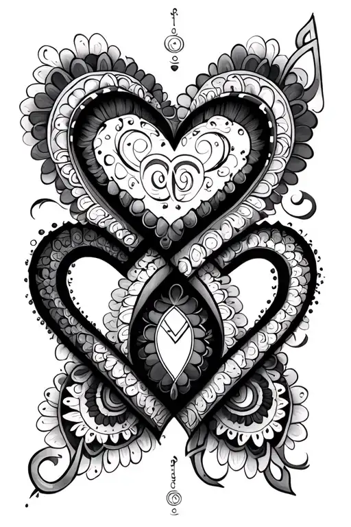 Create two equal mandala hearts, linked vertically together with an infinity symbol. In the top heart include the letter tattoo design idea